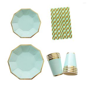 Dinnerware Sets TOPATY Gold Blocking Pure Color Mint Green Disposable Tableware Plates Cups For Party Dinner