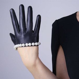 Luvas sem dedos moda feminina 13cm Ultra Short Black Pearl Pu Leather Leather Luvas Feminina Dança Darmina Performance Meia Palm