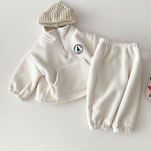 Children Plus Velvet Thick Clothing Set Baby Boys Girls Fleece High-necked Sweater And Pants 2pcs Outfit Kids Sport Tracksuits