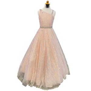 Pearl Pink Girl Pageant Dress 2023 Crystal Sash A-Line One-Shoulder Little Kids Birthday Formal Party Gown Toddler Teens Sequins Floor Length Sleeveless