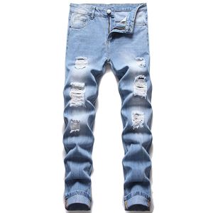 Men's Jeans Light Blue Stretch Ripped Destroyed Hole Slim Fit Straight Pants Fashion Street Style Denim Trousers Pantalones
