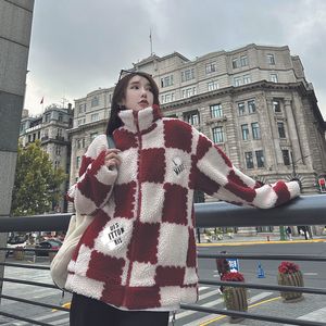 22ss nigo2 co-brand checkerboard cashmere zipper jacket Outerwear thermal sweater sweater jackets red white black check shirt Coats Lamb hair coat