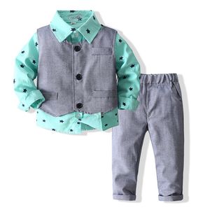 Set di abbigliamento per neonato Camicia con fiocco Completo per compleanno Abito formale Autunno Set di vestiti per neonato Camicia blu Top Gilet Pantaloni Abiti