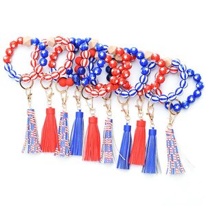 Independence Day Beads Bracelet Party Favor American Flag Keychain Wood Bead Tassel Wristband Pendant Fashion Wristlet Bangles Holder Wrist Ring Jewelry RRE15242