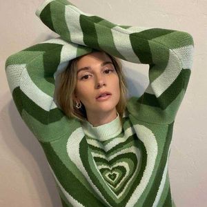 Swetry damskie Y2K Aesthetics Knit SWEATER Kobiety Jumper Serce Striped Turtleck Green Sweters E-Girl Pullover Long Rękaw Top Zimowy dzianin T221019