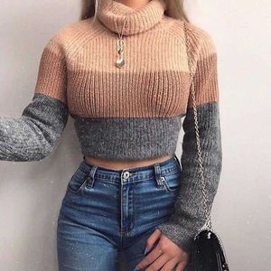 Women's Sweaters wide stripe patchwork turtleneck sweater autumn knitted clothing fashion ladies causal sweater tops women 2020 pullovers T221019