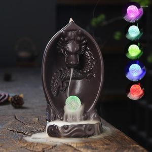 Fragrance Lamps Ceramic Dragon Backflow Incense Holder Led Light Waterfall Burner Smoke Ornaments For Home Office Decor