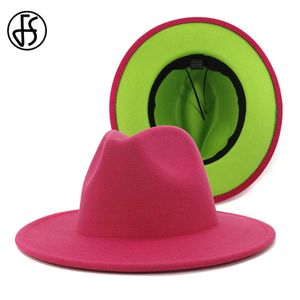 Beanie/Skull Caps FS Rose Red Green Patchwork Women Unisex Panama Wool Felt Fedora Hats Ladies Wide Brim Party Trilby Cowboy Hat Fashion Jazz Cap T221013