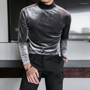 Men's T Shirts Mens Slim Fit Undershirt Shiny Golden Velvet Fleece Half High Collar Long Sleeve T-shirt Top Boys Tshirt Xxxl