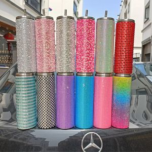 20oz Crystal Glitter Tumbler Diamond Bling Rhinestone Finishes skinny Straight Cup 304 Stainless Steel Vacuum Bottle with Straw and Brush