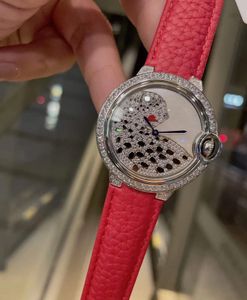 Charm Panthere Quartz Watches Women Geometric Enamel Leopard WristWatch Lady Red Genuine Leather Diamond Watch White Mother Of Pearl Dial Female Clock 36mm