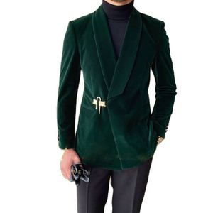 Kadife Erkekler Takım Yeşil Düğün Smokin Çift Kel Oraltılmış Damat Giymek İki Parçası Yeni Yıl Partisi İçin Kış Giysileri