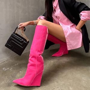 Wedges Sharply Pointed Toe Suede Boots Slip-on Knee High Boots Winter Sexy Dress Party Designer Shoes