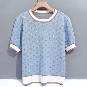 Luxury Rhinestone Knitted T-Shirt: Geometric Jacquard Loose Summer Pullover