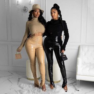 Women's Leggings Winter Joggers PU Leather Leggings Pants Pleated High Waist Streetwear Long Trouser Solid Color Party Night Clubwear Outfit T221020