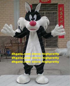 Smart Black Sylvester Cat Mascot Costume Mascotte Moggie Kitten Wolf Adult With Big White Ears Big Red Nose No.2579