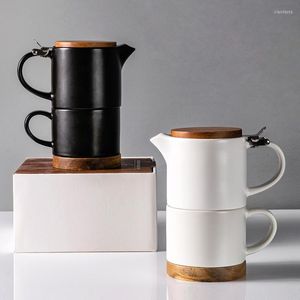 Muggar Nordic Mug One Pot Cup Set Japanese Ceramic med Acacia Wood Lock Filter TEAPOT Coffee Travel Tea