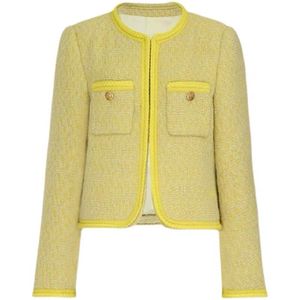 Casaco curto de lã tweed amarelo com decote em bico SMLXL