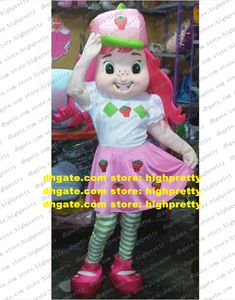 Fantazyjna różowa truskawkowa maskotka Mascot Mascotte Lassock Girl Dorosła z zielonymi oczami różowy zielony kapelusz nr 1853