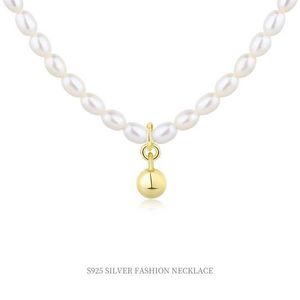 925 Sterling Silver Vintage Baroque Pearl Necklace Round Bead Pearl Necklace With Golden Bead