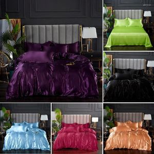 Bettwäsche-Sets Luxus-Set Einfarbiger Satin-Bettbezug Gewaschenes weiches Bettlaken und Kissenbezüge Twin Queen King Size