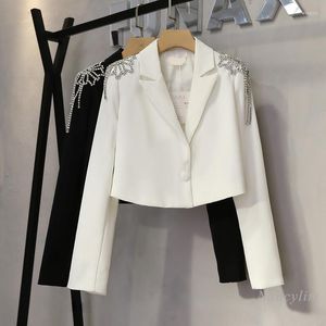 Kadınların Suits Seexit Rhinestone püsküllü omuz beyaz blazer kadınlar için bahar sonbahar sonbahar Kore tarzı mizaç kısa ceket bayan siyah üst