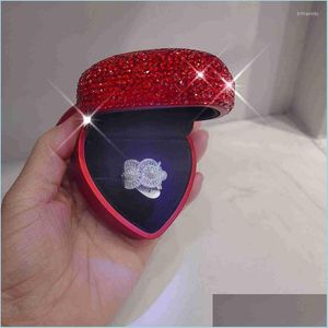 Jewelry Pouches Bags Jewelry Pouches Bags Rhinestone Heart Shaped Engagement Ring Box Veet Stand Earrings With Led Light Proposal B Dhwds