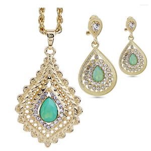 Necklace Earrings Set Sunspicems Fashion Mint Green Crystal Women Bridal Wedding Long Drop Earring Gold Color Morocco Bijoux