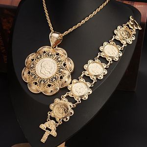 Necklace Earrings Set French Vintage Coin Bracelet Dubai Ladies Slide Chain Arabian Robe Jewelry Algerian Gold Plated Pendant