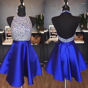 Party Dresses Royal Blue Satin Backless Homecoming Halter Sequins Crystal Short Prom Sparkly Burgundy Formal Dress