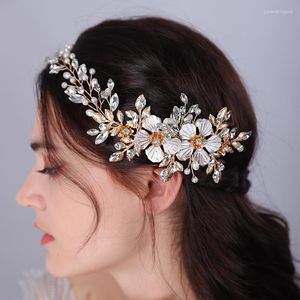 Headpieces Vintage Gold Flower Rhinestone Handmade Bridal Hair Comb Headband Fashion Pearl Party Wedding Accessories Jewelry Women Tiaras