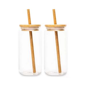 Reusable Eco-friendly Tumblers 12oz 16oz 500ml Large Cola Beer Drinking Borosilicate Glass Can Cup with Bamboo Lid and Straw wly935