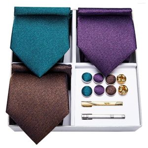 Bow Ties 3 Pack Blue Purple Brown Solid Men's Tie Set Pocket Square Cufflinks Gift For Men Business Wedding Slyckig CLIP DIBANGU