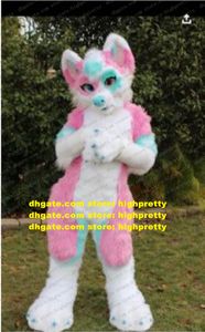 Disfraz de Mascota de zorro peludo de pelo largo rosa Lobo Husky Dog Fursuit personaje de dibujos animados para adultos lindo adorable recepción de bienvenida zz7597