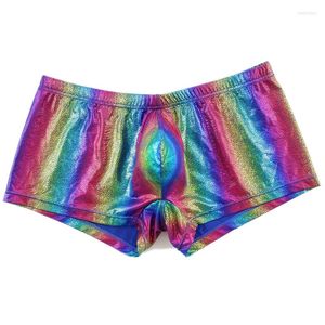 Underpants męskie bieliznę Rainbow Color Boksers Seksowne wybrzuszenia woreczka boksershorts faux skórzane dna mężczyźni cueca dolna talia