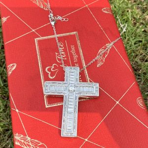 Chains Classical Fashion Jewelry 925 Sterling Silver Full Princess Cut White 5A Cubic Zirconia Party Cross Pendant Women Necklace Gift