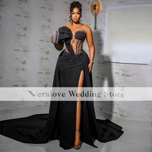African Black Evening Dresses Long Sleeves Beading Occasion Guest Gowns For Women Gala Party Prom Dress