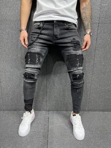Erkek kot pantolon yırtık sıska bisikletçi siyah sıkıntılı ince-fit kalem pantolon lokomotif fermuar denim hip hop pantolon