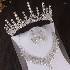 Halskette Ohrringe Set Hochzeit für Frauen Afrikanische Perlen Perle Mode Kristall Dubai Strass Braut Tiaras Krone
