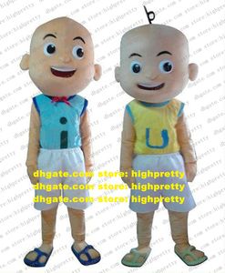 Upin Ipin Bald Child Monk Mascot Figurino Tamanho adulto com colete azul amarelo Tirada vermelha calças brancas No.4797