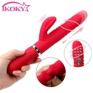 Skönhetsartiklar Ikoky Telescopic Rabbit Vibrator 360 grader Rotation Vibrerande dildo G-Spot Massage Sexiga leksaker för kvinna överföringspärlor AV Wand