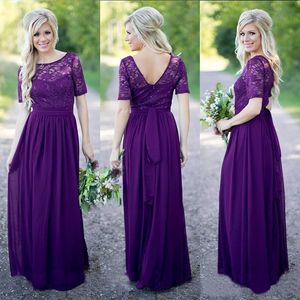 Purple Bridesmaid Dresses Vintage Lace with Short Sleeves Open Back Sash Chiffon Western Wedding Maid of Honor Dress Prom Evening Gowns