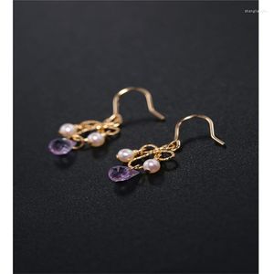 Brincos de Dangle Daimi Amethyst Day da mulher Genas de pedras preciosas de água doce Amarelo de 14k injeção de ouro feita à mão feita à mão