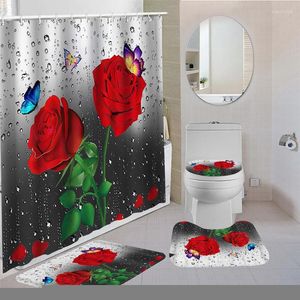 Tende da doccia Rosa rossa Fiori Farfalla Set di tende impermeabili Tappetino antiscivolo Tappeto Tappeto WC Cove Bathing Bathroom Decor