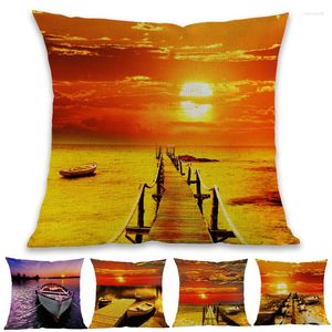 Pillow Oil Painting Style Yellow Sunset Dusk Seaside Landscape Boat Bridge Throw Case Home Gallery Decoration Sofa Cover