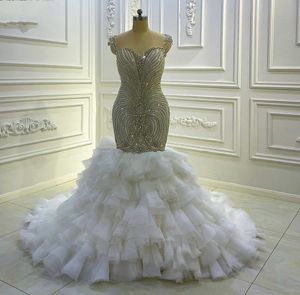 Luxury Crystal Mermaid Arabic Dubai Wedding Dress 2023 Beading Ruffles Court Train Bridal Gowns Lace Up Back Robe De Mariage Vestidos de Novia