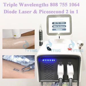 Comprimentos de onda triplos Diodo a laser 2 em 1 pico Segundo tatuagem de tatuagem de cabelo Pigmentação Remoção de saders rejuvenescimento 755 808 1064nm