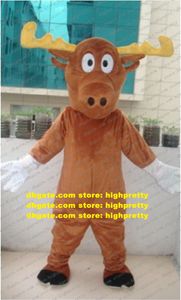 Cute Brown Moose Alces Elk Mascot Costume Mascotte Reindeer Caribou Deer Adult With Long Yellow Horns Big Eyes No.1074