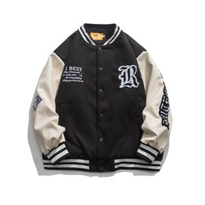 2022 Hip Hop Leather Varsity Bomber Jacket Streetwear Men's Restodiery Letter Colleet Jackets Coat Harajuku Patchwork Jacket