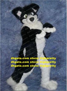 Preto Branco Pêlo Longo Cão Husky Raposa Lobo Fursuit Traje Mascote Roupa Adulto Desenho Animado Espetáculo Comédia Performance zz7591